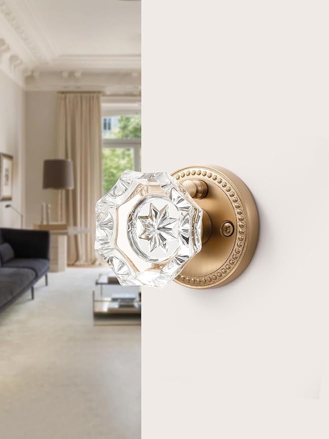 1 Pack Champagne Bronze Door Knobs Crystal Door Knob Interior Privacy Door Knob for Bedroom and Bathroom Glass Door Knob,Zinc Alloy