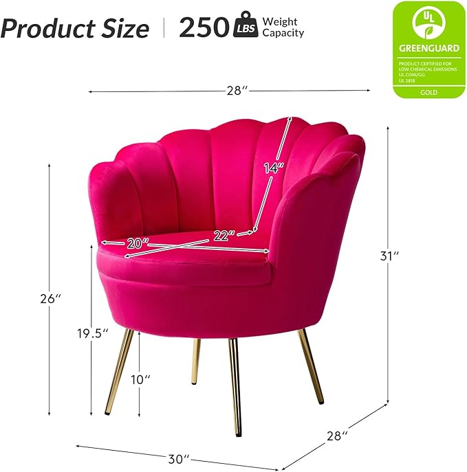 HULALA HOME Modern Velvet Accent Chairs Set of 2 with Shell Shaped Back, Cute Living Room Bedroom Armchairs with Gold Legs, Comfy Upholstered Vanity Chairs for Makeup Room, Fushia