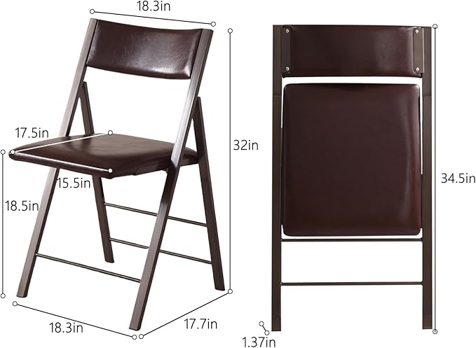 Folding Chairs with Cushion 2 Pack - Heavy Duty Steel Frame Foldable Dining Chairs, Waterproof Leather Indoor Outdoor Comfortable Folding Chairs for Home, Conference Rooms, Weddings, Events (Brown)