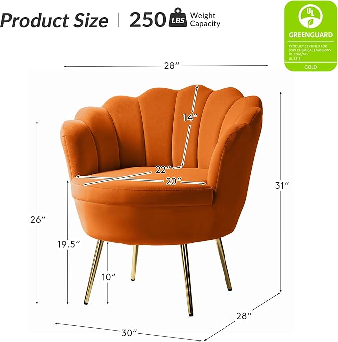 HULALA HOME Modern Velvet Accent Chairs Set of 2 with Shell Shaped Back, Cute Living Room Bedroom Armchairs with Gold Legs, Comfy Upholstered Vanity Chairs for Makeup Room, Orange
