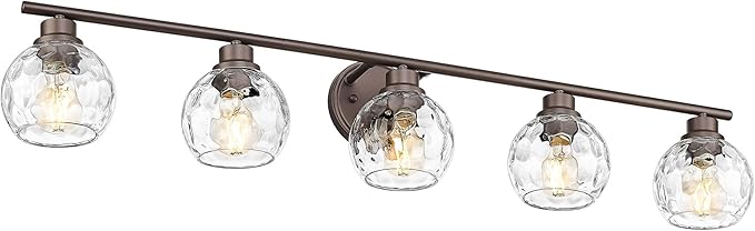 Emliviar Large Vanity Wall Lighting Over Mirror, 5-Light Rustic Bath Wall Mounted Lamp with Water Ripple Globe Glass, Oil Rubbed Bronze Finsh, YE295BG-5W ORB-WG
