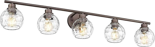 Emliviar Large Vanity Wall Lighting Over Mirror, 5-Light Rustic Bath Wall Mounted Lamp with Water Ripple Globe Glass, Oil Rubbed Bronze Finsh, YE295BG-5W ORB-WG