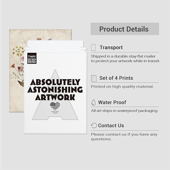 SIGNWIN Adhesive Canvas Poster Set Vintage Wildflower Bouquet Antique Botanical Illustrations Modern Art Decorative Scenic Multicolor Nature Wilderness for Bedroom - 11"x14"x4