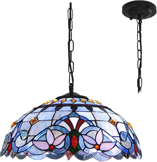 Pendant Light, 16Inch Wide Baroque Stained Glass Style Ceiling Fixture Vintage Hanging Lamp Stained Glass Chandelier for Kitchen Island Study Room Dining Room Hallway Counter Office
