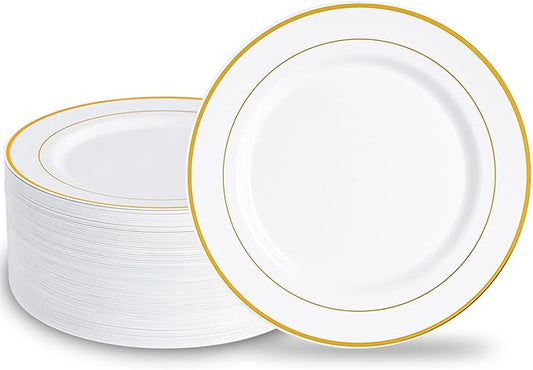 N9R 100PCS Gold Plastic Plates, 10.25 inch White Disposable Dinner Plate with Gold Rim, Heavy Duty Plates for Party Wedding and Birthday
