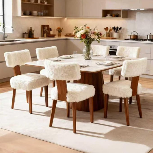 FOXHUNTER Upholstered Dining Chairs Set of 6, Modern Wooden Armless Kitchen Chairs with Curved Backrest, Mid-Century Farmhouse Dining Side Chairs, Fur Beige
