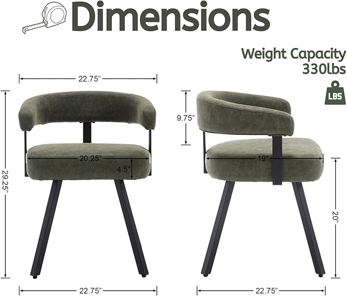 LukeAlon PU Leather Dining Chairs Set of 2, Upholstered Armchair with Padded Barrel Back Modern Guest Chair Side Chairs with Armrests Black Metal Legs for Kitchen Dining Room, Vintage Green
