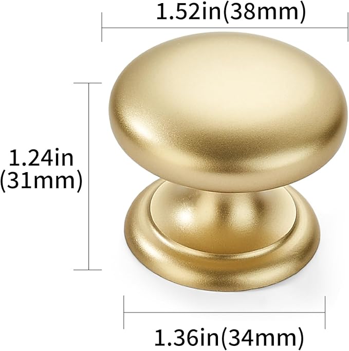 khtumeware 2 Pack 1-1/2 inch Bifold Closet Door Knobs Brushed Gold Cabinet Knobs Made of Zinc Alloy Suitable for Kitchen Cabinets/Bathroom Cabinets/Bedroom Furniture Includes Installation Screws