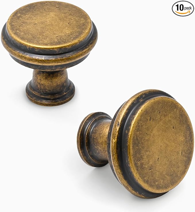 Asidrama 10 Pack Brushed Antique Brass Kitchen Cabinet Knobs Cabinet Hardware Zinc Knobs for Dresser Drawers
