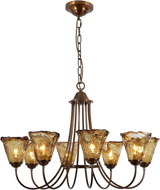 KCO Vintage Floral Chandelier Aged Brass Sputnik Chandelier Large Amber Glass Pendant Light Large Sputnik Staircase Light Fixture 8 Light Gold Chandeliers for Bedrooms Dining Room
