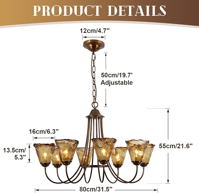 KCO Vintage Floral Chandelier Aged Brass Sputnik Chandelier Large Amber Glass Pendant Light Large Sputnik Staircase Light Fixture 8 Light Gold Chandeliers for Bedrooms Dining Room