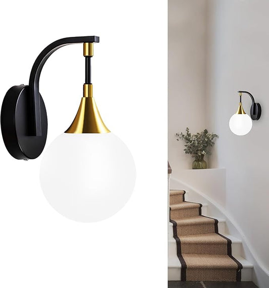 1-Light Bathroom Wall Sconce Light,Black and Gold Vanity Lighting with White Milk Globe Glass Shade, Vintage Wall Light Fixture Wall Lamp Wall Mount Light for Bedroom Hallway