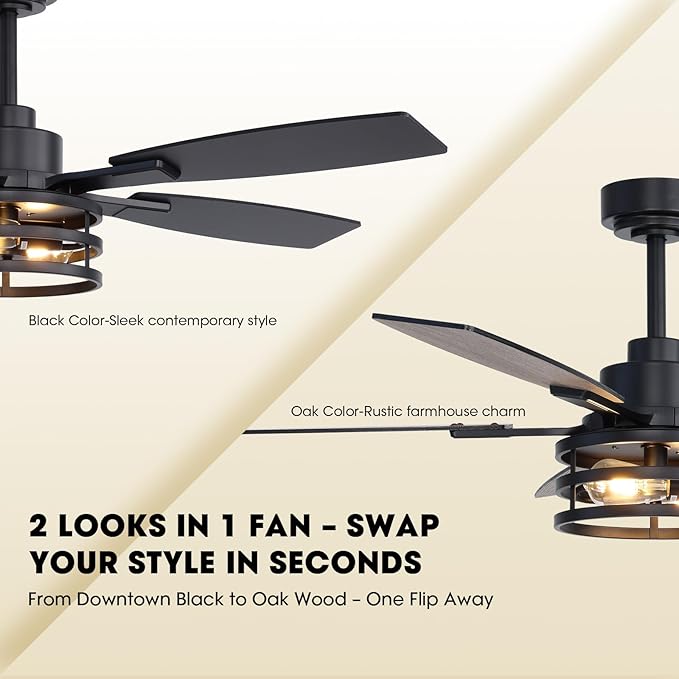 52 Inch Ceiling Fans with Lights and Remote Control, Farmhouse Ceiling Fan with LED Lighting for Bedroom Living Room and Patio, Black Caged Ceiling Fan for Indoor and Outdoor(NO Bulbs)