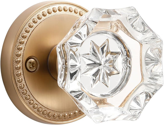 1 Pack Champagne Bronze Door Knobs Crystal Door Knob Passage Door Knobs Glass Interior Door Knob for Hall and Closet Zinc Alloy