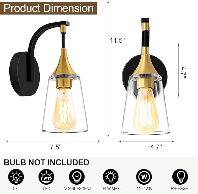 1-Light Bathroom Wall Sconce Light, Black and Gold Wall Light Fixtures with Clear Glass Shade, Modern Wall Lamp Indoor Wall Mounted Light for Hallway Bedroom Living Room Mirror