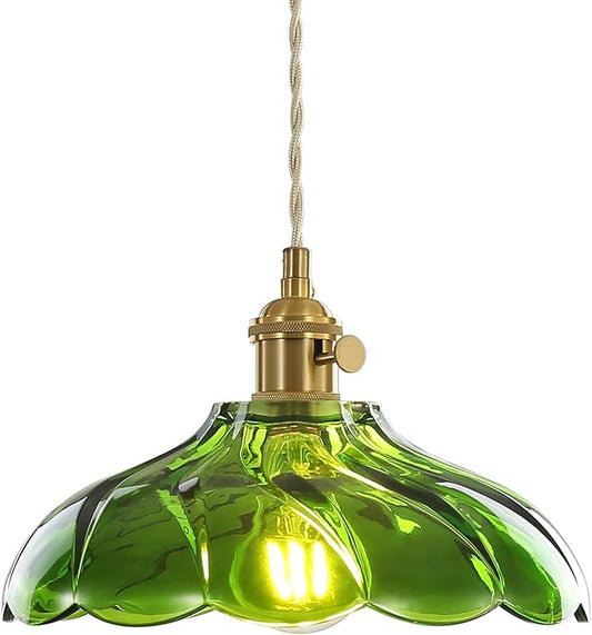 1 Pack Mid Century Pendant Light Fixture, Scalloped Green Glass Hanging Light Fixture, Small Pendant Lighting, for Kitchen Island Entryway Dining Room Hallway, E26 Socket (Bulbs Not Included)