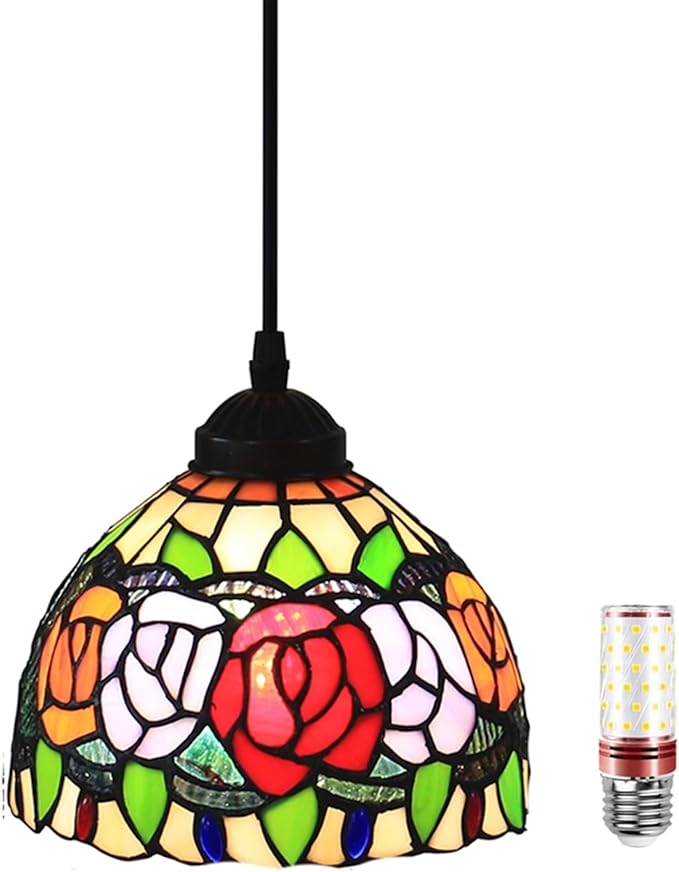 Hanging Lamp Tiffany 8 Inch Hanging Ceiling Light Vintage Farmhouse Small Stained Glass Pendant Lighting for Kitchen Island Dining Room