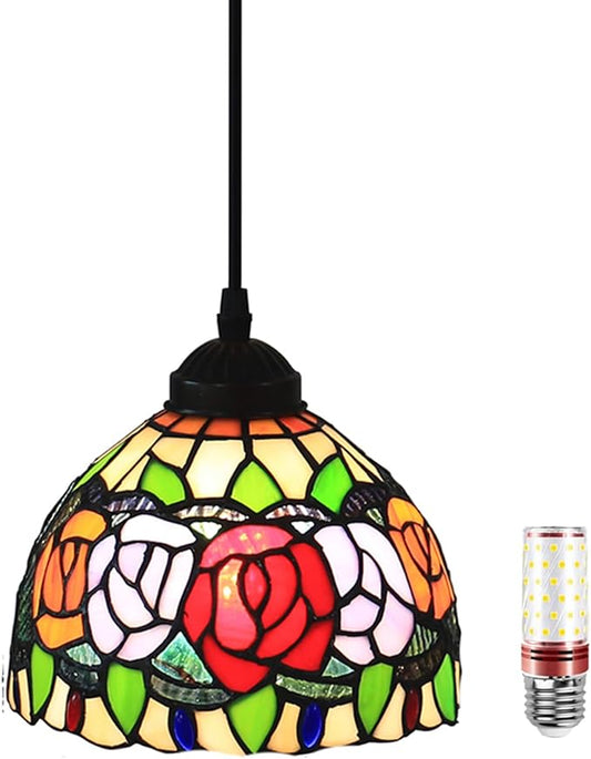 Hanging Lamp Tiffany 8 Inch Hanging Ceiling Light Vintage Farmhouse Small Stained Glass Pendant Lighting for Kitchen Island Dining Room