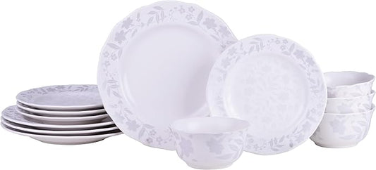 222 Fifth 12-Piece Porcelain Dinnerware Set for 4, Glossy White Plates and Bowls Sets with Silver Flower Pattern, Luxury Ceramic Dish Set, Elegant Kitchen Dishes for Everyday Dining, Refreshed Floral