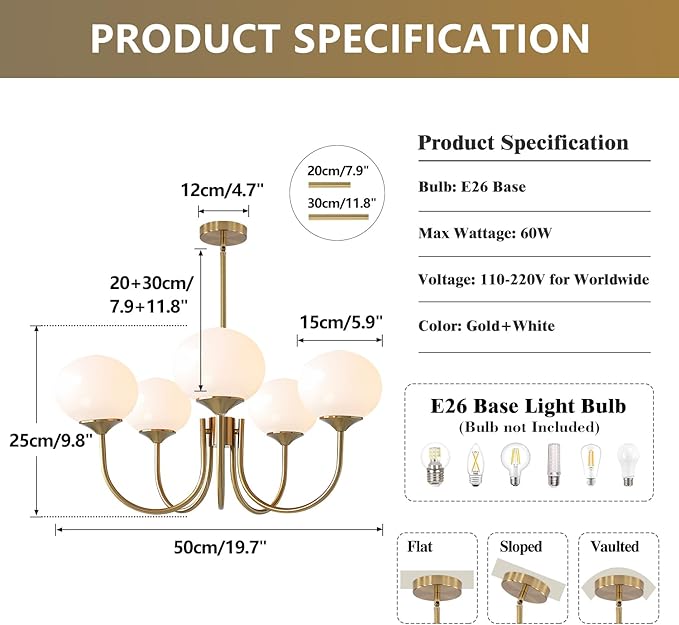 5 Light Globe Chandelier Vintage Milk Glass Hanging Light Gold Sputnik Ceiling Light MCM Dining Room Light Fixture White Pendant Light for Kitchen Bedroom