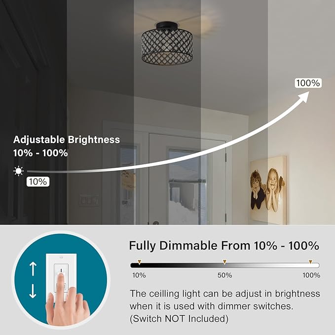 Black Crystal Ceiling Light Fixture,Modern Semi Flush Mount Ceiling Lighting Fixture,Round Small Chandelier for Dining Room, Hallway, Entryway, Kitchen, Bedroom,Foyer,1 Light,11.2 inch