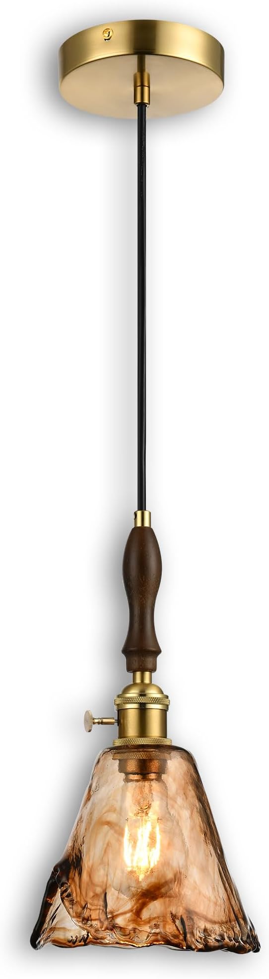 Modern Amber Glass Pendant Light, 6"x11.5" Floral Bell-Shaped Hanging Light with Wood Handle & Brass Cap, 15"-72" Adjustable Line, E26 Socket – Golden Amber Morning Glory