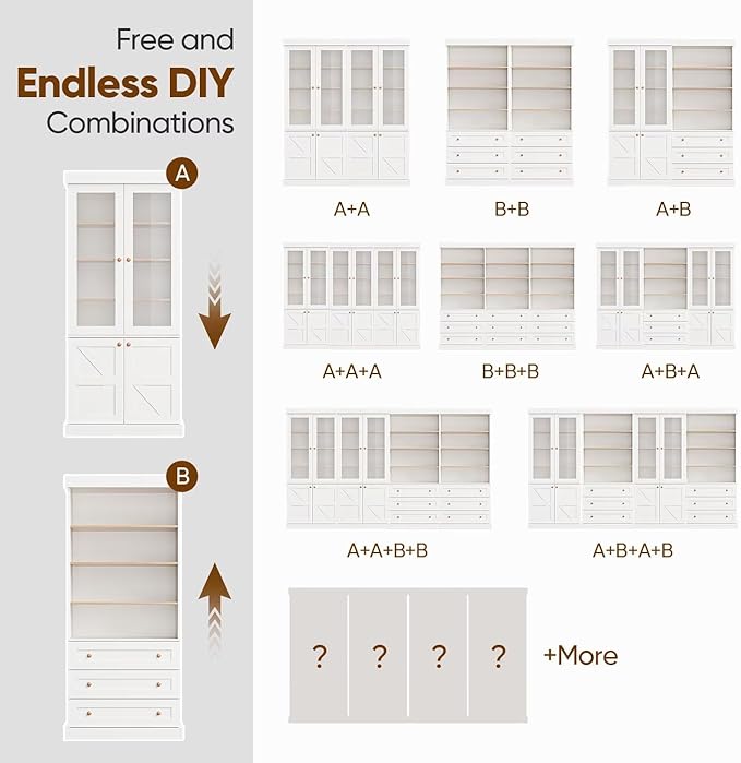 Vyre 71" Tall Farmhouse Bookshelves with Glass Doors, Set of 4 – Large Modular Bookcase with Adjustable Shelves, Storage Cabinet for Living Room, Kitchen, Home Office, White