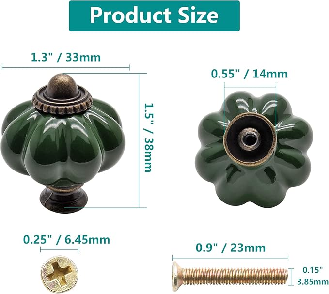 4pcs Dark Green Pumpkin Knobs, Vintage Ceramic Cabinet Dresser Pulls with Mounting Screws