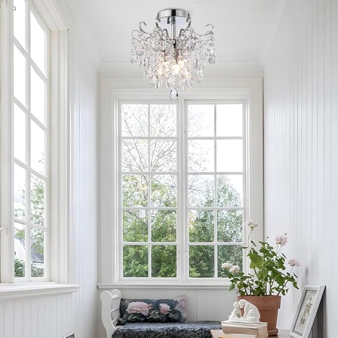 Mini Chrome Chandelier Crystal Ceiling Light,Small Crystal Chandelier Flush Mount Ceiling Light Fixtures for Bedroom,Hallway,Entryway,Living,Dining Room