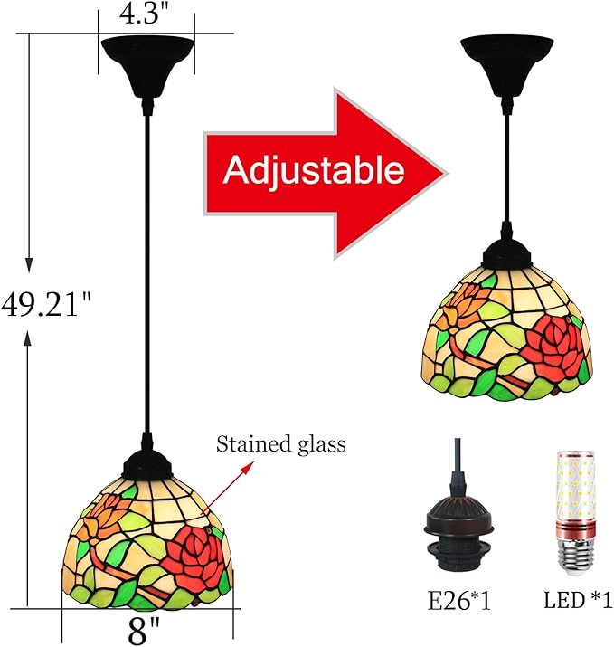 Tiffany Hanging Light 8 Inch Small Pendant Lights Stained Glass Lampshade Vintage Chandelier Light Fixture for Dining Room, Bedroom or Porch