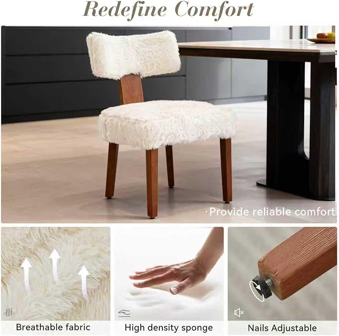 FOXHUNTER Upholstered Dining Chairs Set of 4, Modern Wooden Armless Kitchen Chairs with Curved Backrest, Mid-Century Farmhouse Dining Side Chairs, Fur Beige