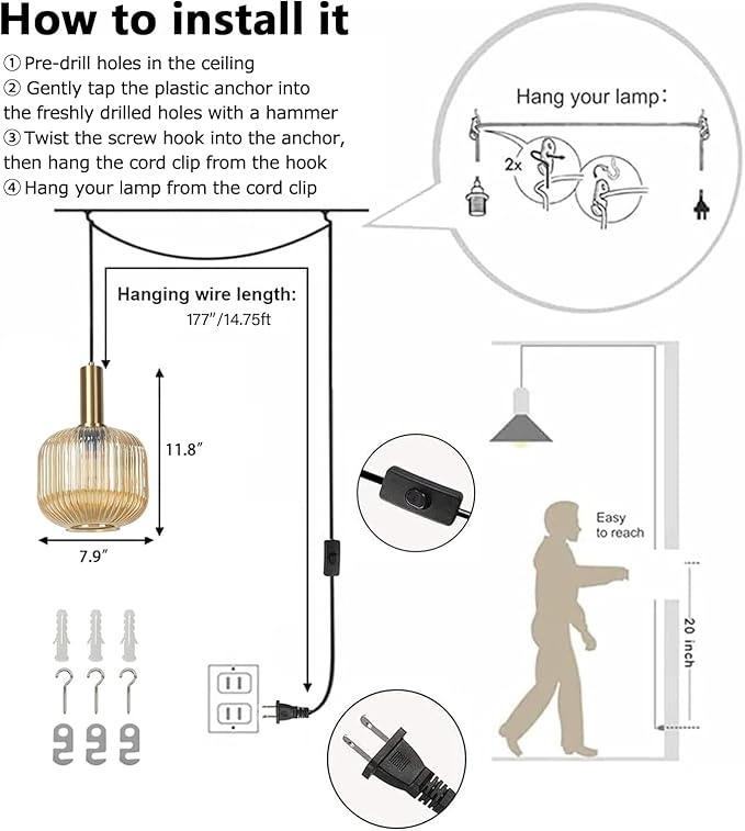 Amber Plug in Pendant Light Fixtures Mid Century Modern Hanging Lights with Plug in Cord Gold Pendant Light Plug in Vintage Glass Hanging Lamps for Living Room Bedroom Kitchen Dining Room