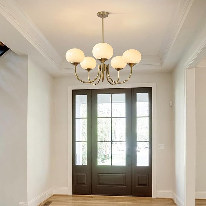 5 Light Mid Century Modern Chandelier Vintage Glass Globe Chandelier Brass Gold Ceiling Pendant Light Retro Chandeliers for Dining Room Kitchen