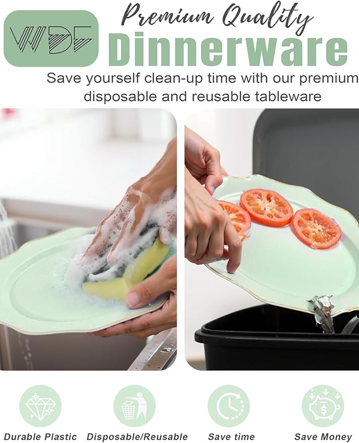 WDF 175Pcs Sage Green Plastic Plates With Gold Rim - Disposable Sage Green Plates 25guest Disposable Dinnerware Ideal for Party/Wedding/Spring Party