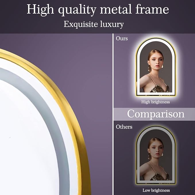 26 x 38 Inch Gold Frame Arch LED Mirror for Bathroom Salon Wall Makeup Table Arch Lighted Vanity Mirror with Lights Smart Memory 3 Color Dimmable AntiFog 38" Gold Smart Light up Arched Mirror