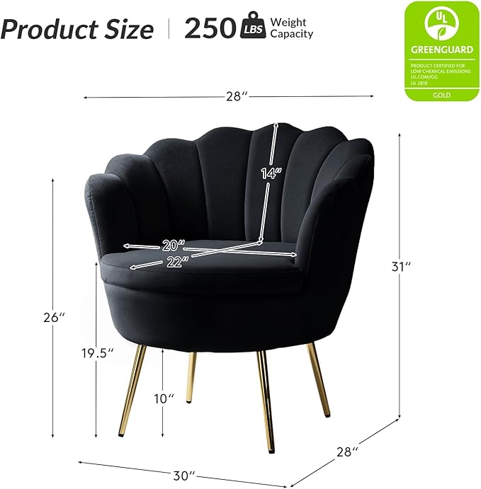 HULALA HOME Modern Velvet Accent Chair with Shell Shaped Back, Cute Living Room Bedroom Armchair with Gold Legs, Comfy Upholstered Vanity Chair for Makeup Room, Black