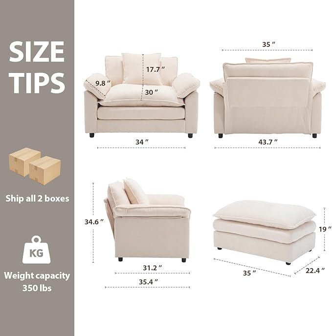 Oversized Chair Set of 2, Comfy Accent Chair Large Upholstered Armchair with Extra Thick and Deep Seat Lounge Sofa for Living Room,Bedroom,Apartment, Beige