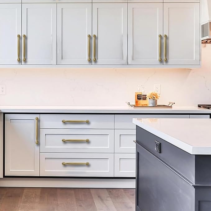 10 Pack 3-3/4inch(96mm) Center to Center Brushed Brass Cabinet Pulls Satin Brass Handles for Cabinets Cupboard Solid Heavy Duty Drawer Handles Dressers Kitchens bedrooms