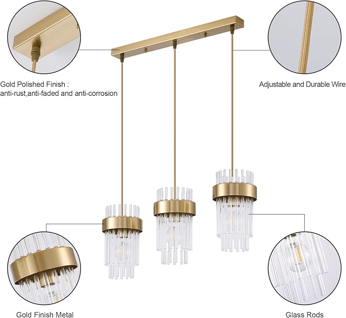 Dijiahua Gold 3-Light Pendant Lights Kitchen Island Over Table, Modern Crystal Brushed Brass Linear Chandeliers,Adjustable Cord Hanging Counter Lamp Fixture for Dinning Room,Sink