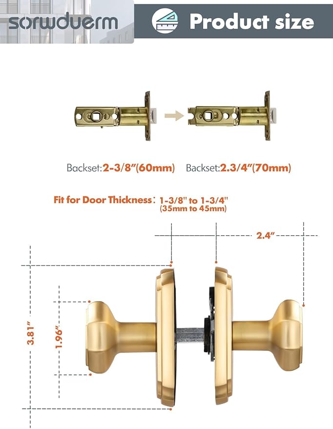 1 Pack Gold Door Knobs Passage Door Knobs Brushed Gold Interior Satin Brass Door Knob for Hall and Closet,Zinc Alloy