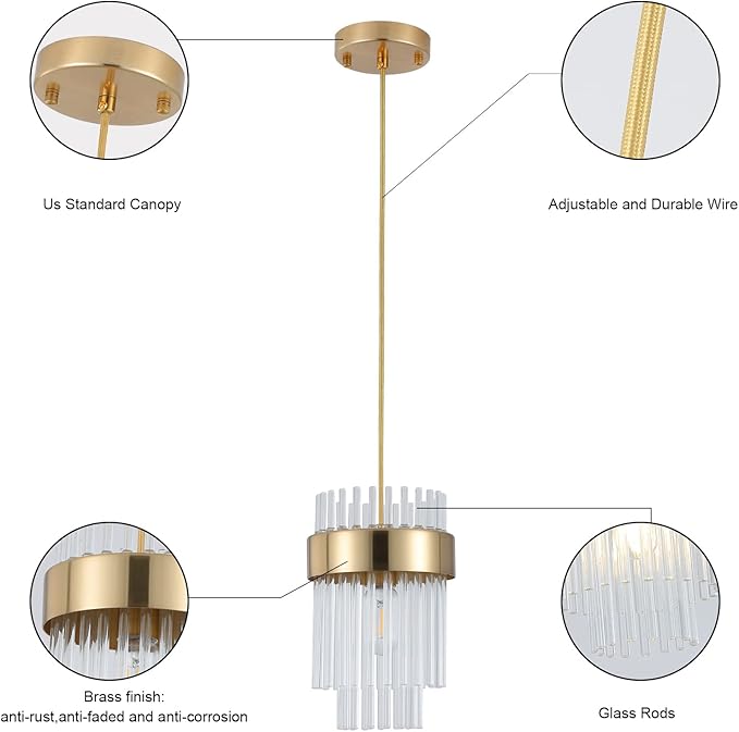 Gold Pendant Lights Kitchen Island,1-Light Crystal Pendant Light Fixtures Over Island,Modern Brass Mini chandelier For Dining Room, Adjustable Cord Hanging Lights For Bedroom,Bar,Sink,Entryway