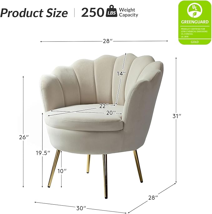 HULALA HOME Modern Velvet Accent Chairs Set of 2 with Shell Shaped Back, Cute Living Room Bedroom Armchairs with Gold Legs, Comfy Upholstered Vanity Chairs for Makeup Room, Tan