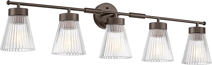 5-Light Bathroom Vanity Light, HWH Farmhouse Vanity Lights for Bathroom Vanity Lamp Oil Rubbed Bronze, Vanity Sconce with Clear Striped Glass, 5HZG97B-5W ORB