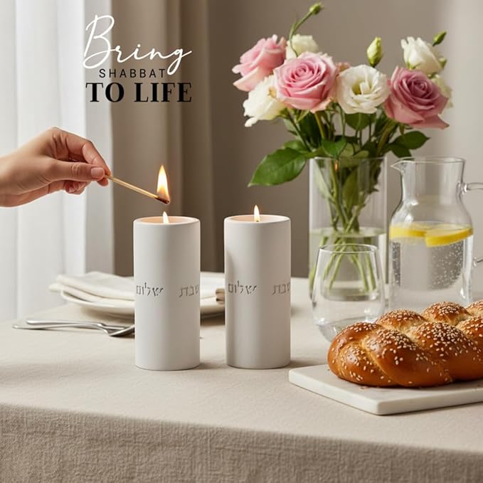 SURI Shabbat Candle Holders Set – Modern Judaica Gift and Jewish Holidays – Concrete Dripless Candle Holders, Short & Tall – Minimalist Jewish Home Decor Shabbos Candles Holders for Tea Lights