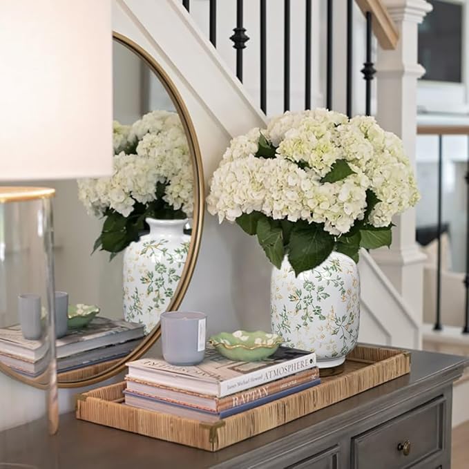 Hollyone Green and White Porcelain Vase Large Chinoiserie Floral Vintage Tall Green Ceramic Vases for Home Mantle Shelf Living Room Table Centerpieces Decor, 7.3 Inch