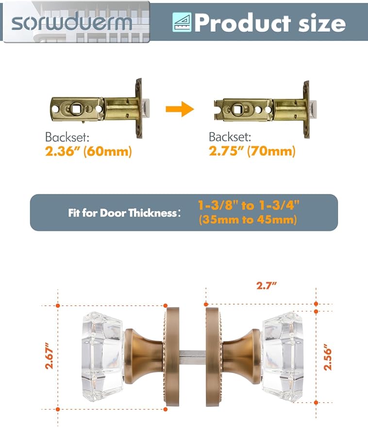 1 Pack Champagne Bronze Door Knobs Crystal Door Knob Passage Door Knobs Glass Interior Door Knob for Hall and Closet Zinc Alloy