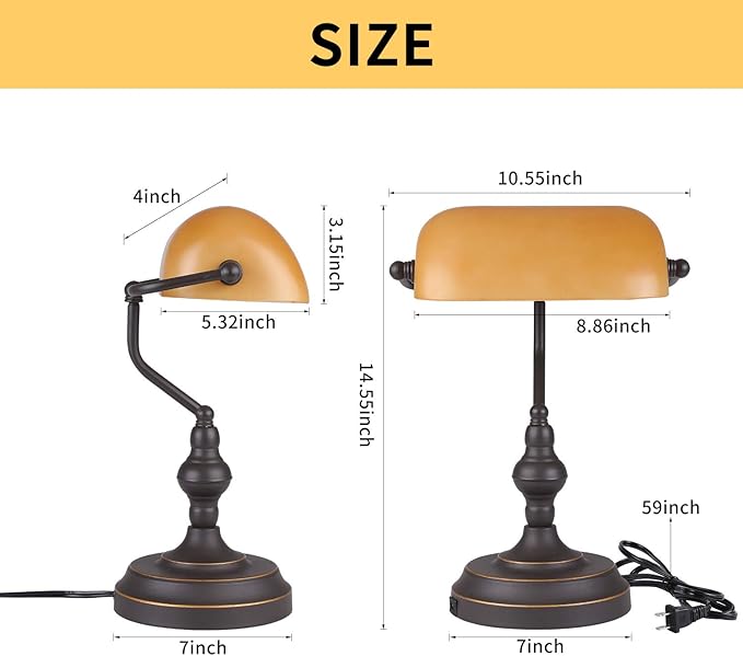Banker Desk Lamp Touch Control, Vintage Banker's Desk Lamp with USB Port, 3 Way Dimmable Desk Lamps, Farmhouse Library Lamp Oil Rubbed Bronze for Office, Study Room