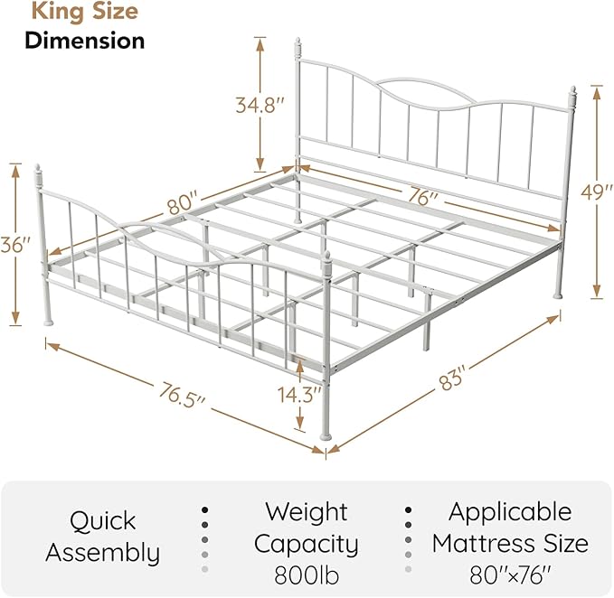 King Size Bed Frame with Headboard,Metal Platform Bed Frame Mattress Foundation with Footboard, Under Bed Storage, Strong Metal Slats Support, No Box Spring Needed, White