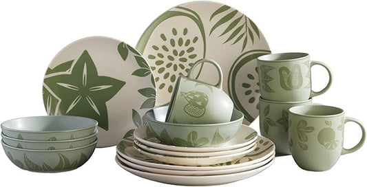 Corona 16–piece Green Tropical Fruit Design Ceramic Dinnerware Sets | Plates, Bowls and Mugs | Service For 4 | Frutto