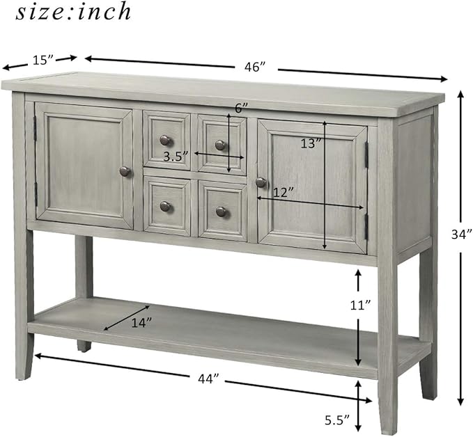 Farmhouse Vintage Console Table Sofa Table with 4 Drawers and Bottom Shelf, Solid Wood Buffet Sideboard Storage Cabinet for Entryway Living Room Kitchen Dining Room (Antique Gray)